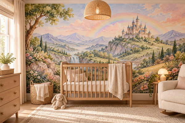 Watercolor Rainbow Castle Fairy Tale Wall Mural, image 1