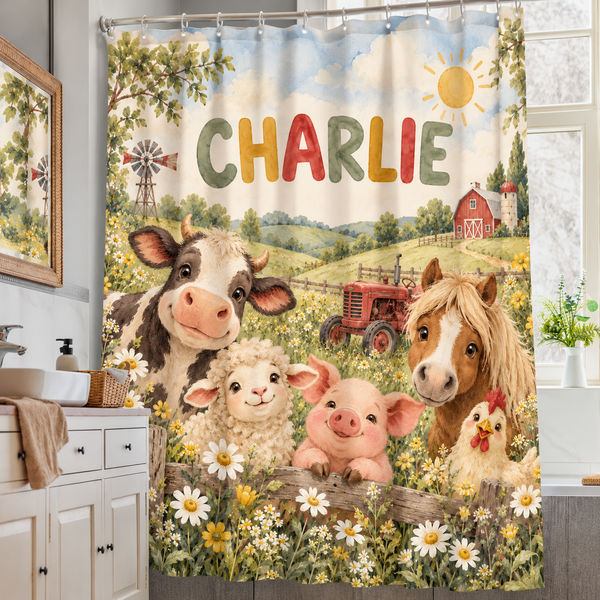 Sunny Farm personalized kids shower curtain over a bathtub