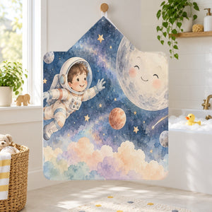 Astronaut and Moon kids hooded bath towel hanging in a kids bathroom