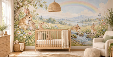 Watercolor Rainbow Meadow Bunny Wall Mural, image 1
