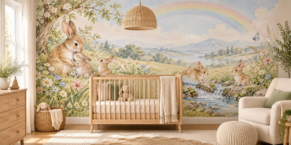 Watercolor Rainbow Meadow Bunny Wall Mural, image 1