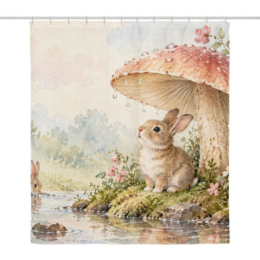 After the Rain Bunny shower curtain, full front view of the 71 x 74 in fabric curtain