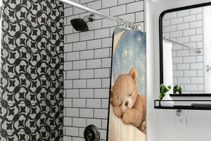 Moon Bear shower curtain in a modern farmhouse bathroom with subway tile