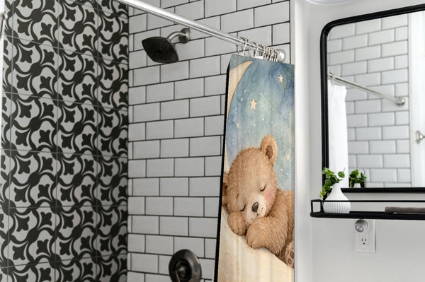 Moon Bear shower curtain in a modern farmhouse bathroom with subway tile