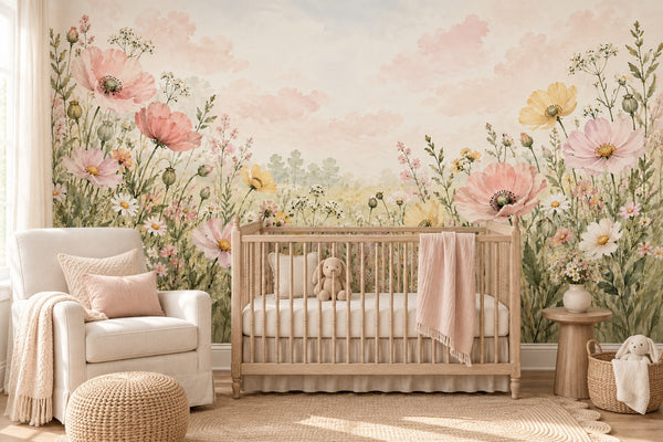 Watercolor Poppy Meadow Wall Mural, image 1