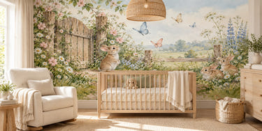 Watercolor Butterfly Gate Bunny Wall Mural, image 1