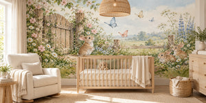 Watercolor Butterfly Gate Bunny Wall Mural, image 1