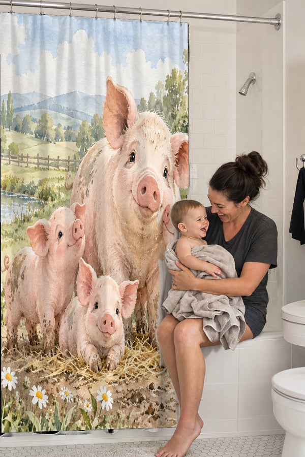 Mom holding her baby on the tub edge next to the Piglet Family Farm shower curtain