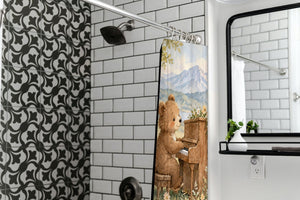 Bear Piano shower curtain in a modern farmhouse bathroom with subway tile
