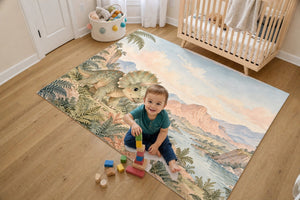 Toddler stacking blocks on the Baby Triceratops Dinosaur kids rug in a bright bedroom