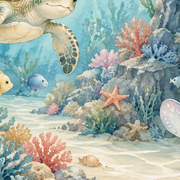 Treasure Cove Ocean shower curtain, close up of the watercolor artwork