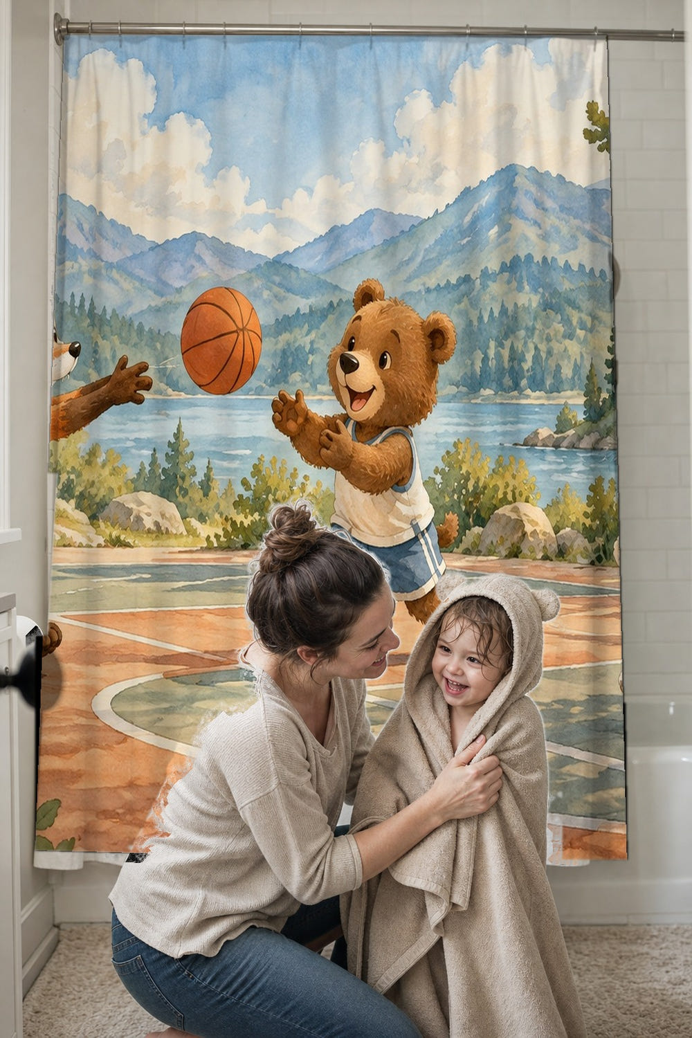 Animal Basketball Team shower curtain, full front view of the 71 x 74 in fabric curtain