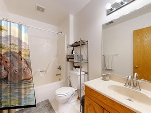 Hippo Family Safari shower curtain on a tub shower combo in an American family bathroom