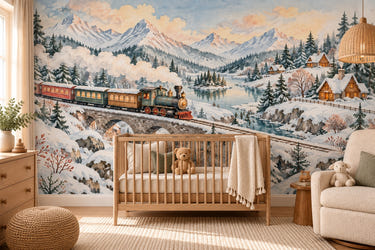Watercolor Winter Train Wall Mural, image 1