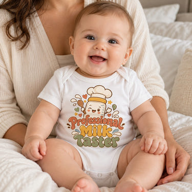 Baby wearing the Professional Milk Taster baby bodysuit