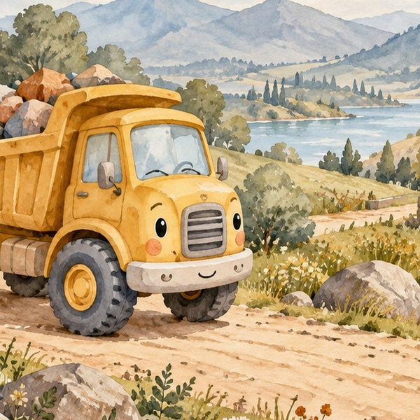 Dump Truck Road kids bath mat, close up of the watercolor artwork