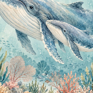 Whale Family Ocean kids bath mat, close up of the watercolor artwork