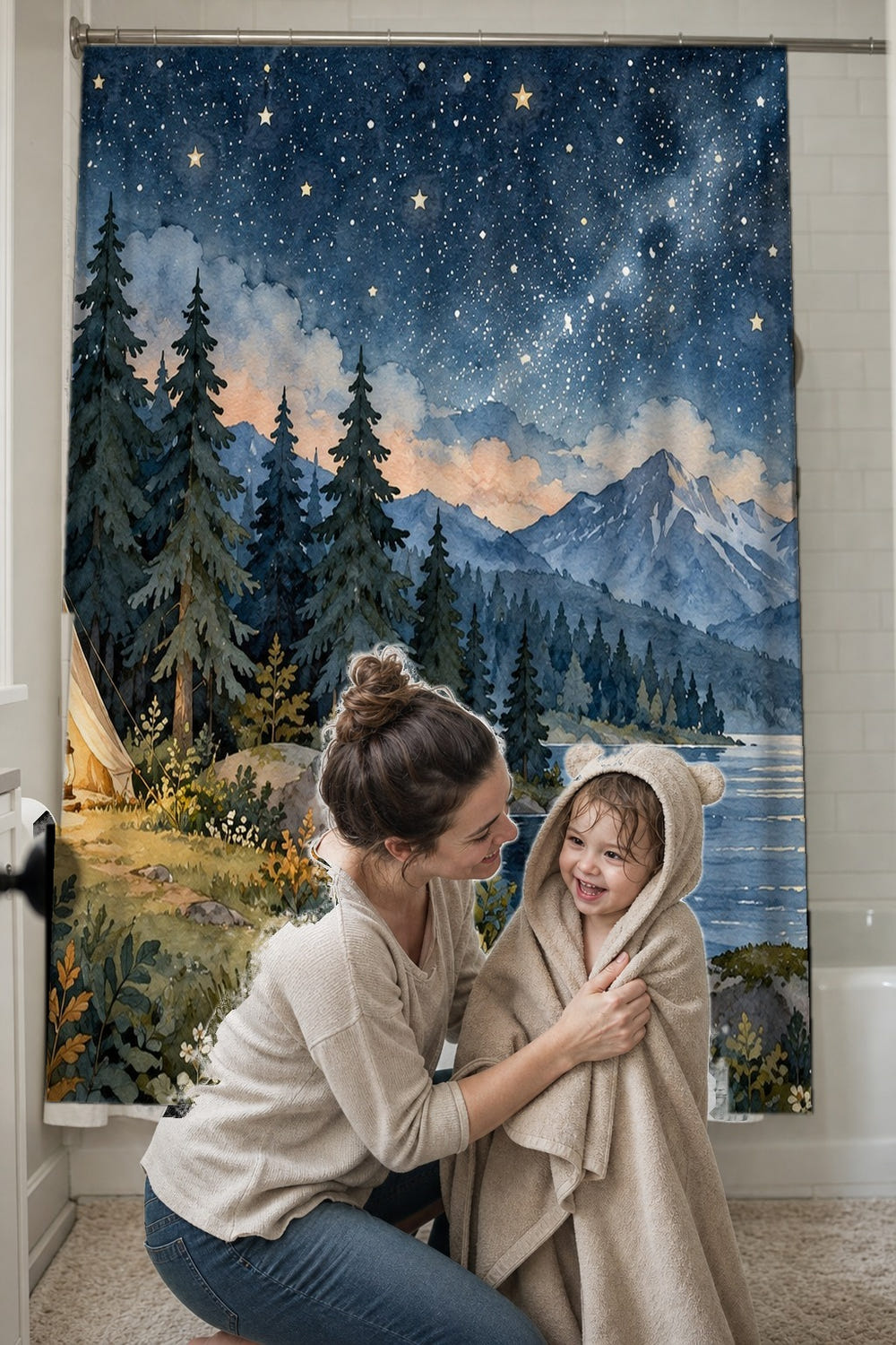 Starry Tent Camping shower curtain, full front view of the 71 x 74 in fabric curtain