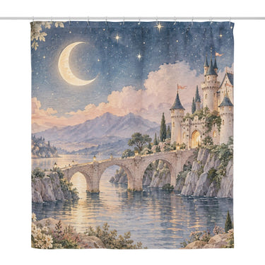 Moonlit Castle Fairy Tale shower curtain, full front view of the 71 x 74 in fabric curtain