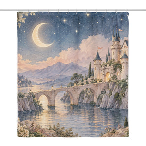Moonlit Castle Fairy Tale shower curtain, full front view of the 71 x 74 in fabric curtain