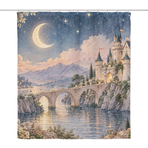 Moonlit Castle Fairy Tale shower curtain, full front view of the 71 x 74 in fabric curtain