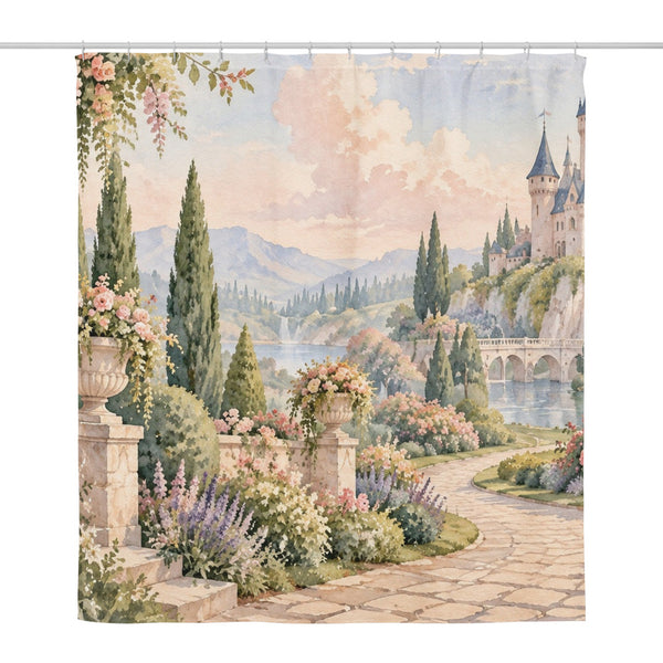 Castle Garden Fairy Tale shower curtain, full front view of the 71 x 74 in fabric curtain