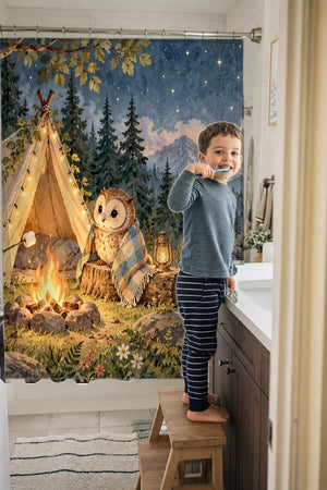 Child brushing teeth in a family bathroom with the Moonlit Forest Camp Camping shower curtain