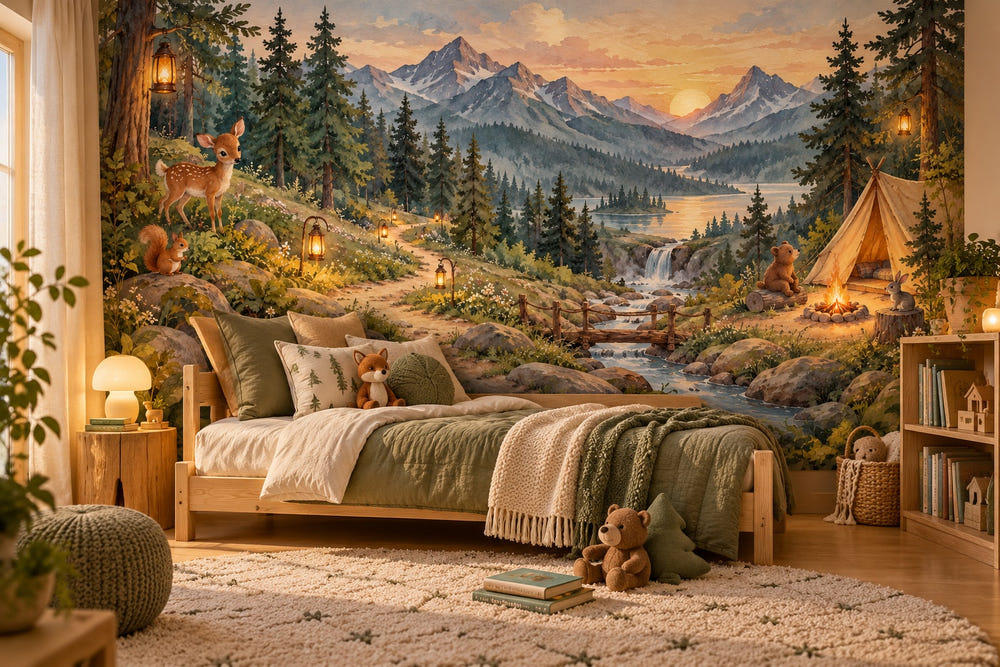 Watercolor Mountain Camp Camping Wall Mural, image 1
