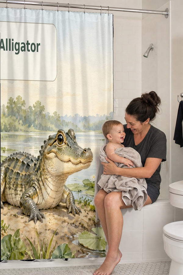 Mom holding her baby on the tub edge next to the A is for Alligator Alphabet shower curtain