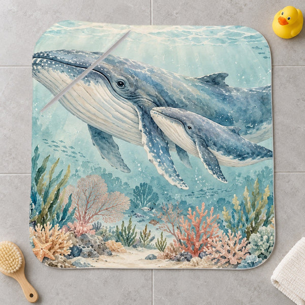 Whale Family Ocean kids hooded bath towel laid flat