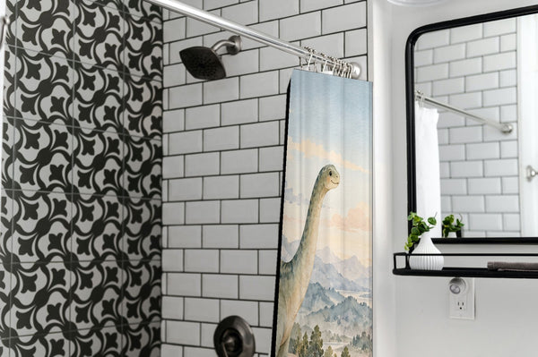 Mountain Dinosaur shower curtain in a modern farmhouse bathroom with subway tile