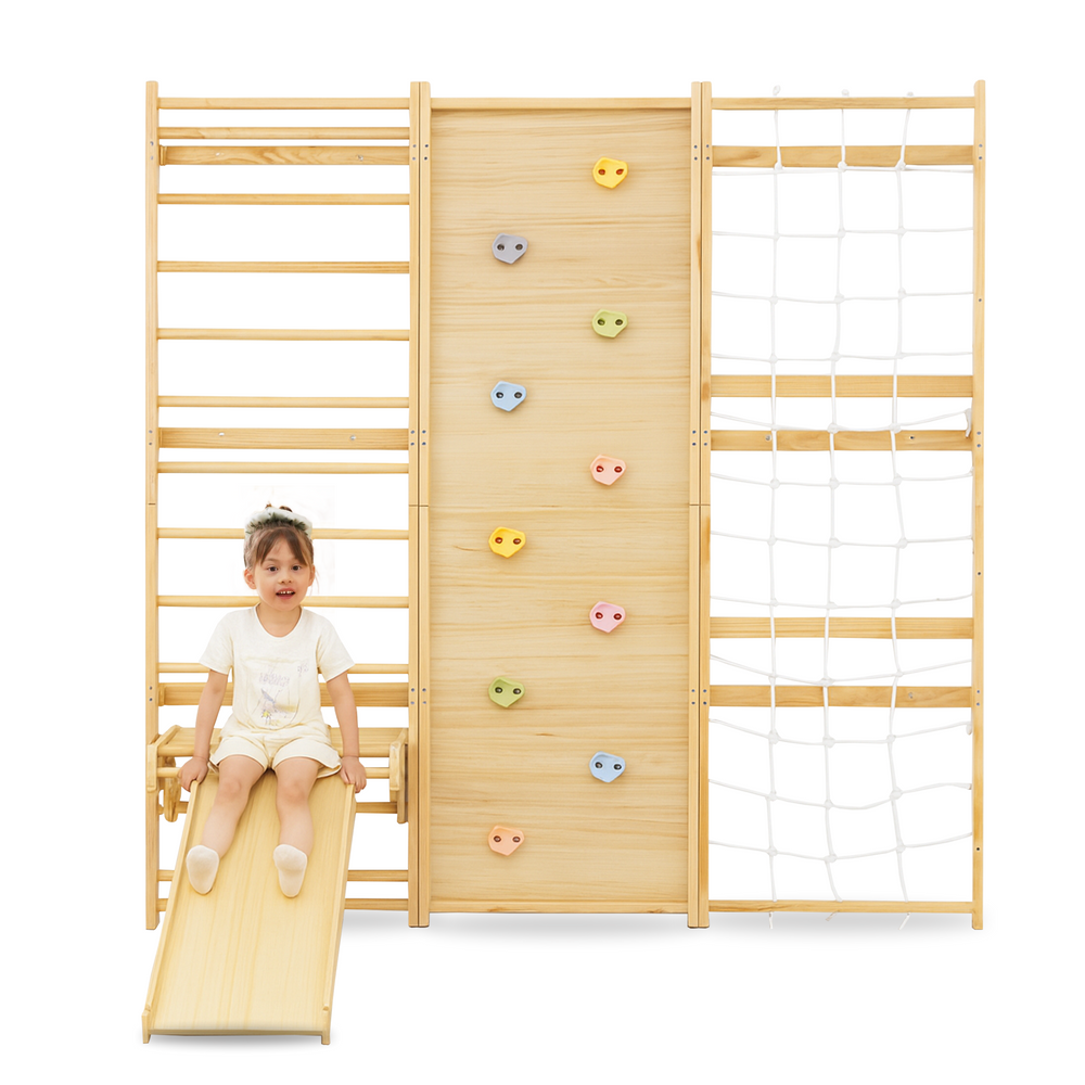 Walnut Modular Swedish Ladder Jungle Gym - 95" Wall Mounted Playset for active baby play and development.