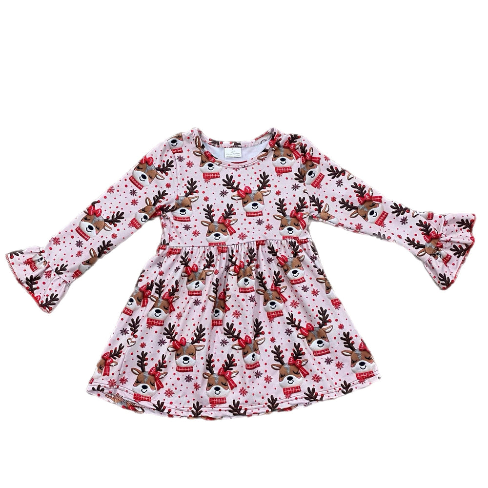 Reindeer bell sleeve dress for babies, perfect for festive occasions and holiday celebrations.