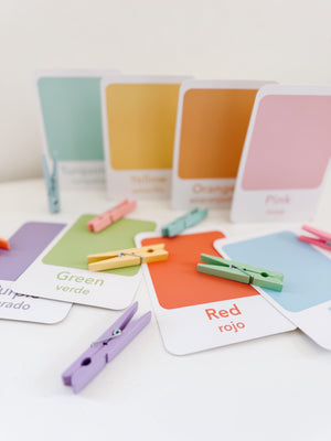 Color sorting flashcards for babies, promoting early learning and sensory play, displayed at an angle.