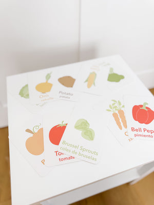 "Colorful vegetable flashcards for babies, displayed at a 25-degree angle, perfect for early learning and play."