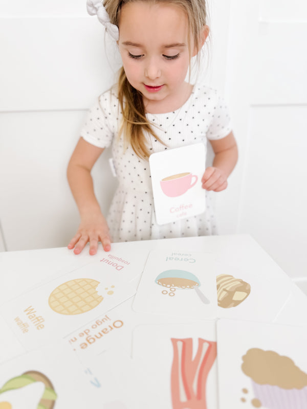 Colorful breakfast flashcards for babies, promoting early learning and sensory play at a 15-degree angle.