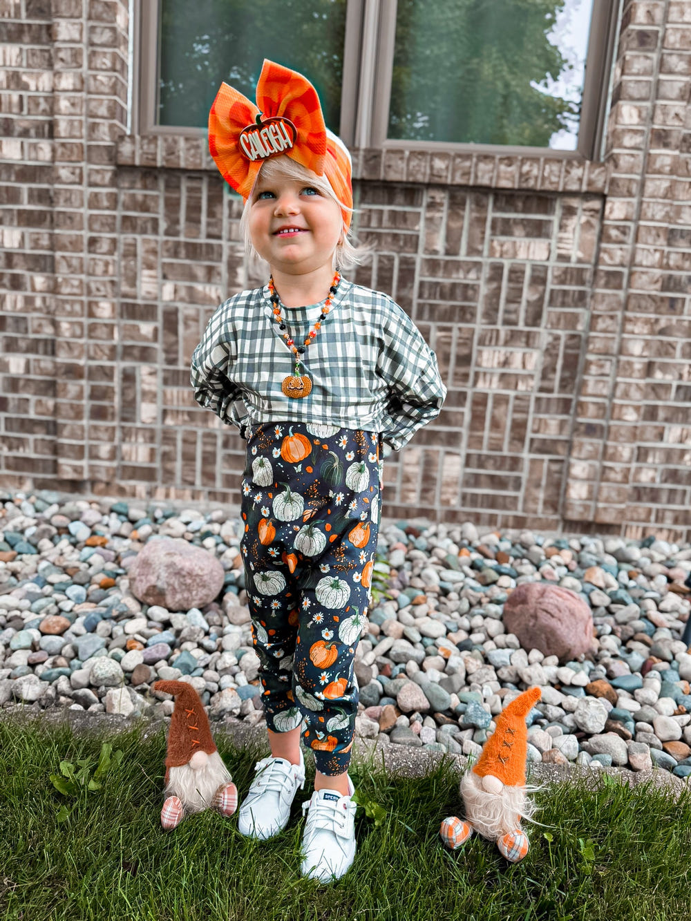 Fall pumpkins honey Ollie romper with snaps for babies - cozy and stylish romper for autumn adventures.