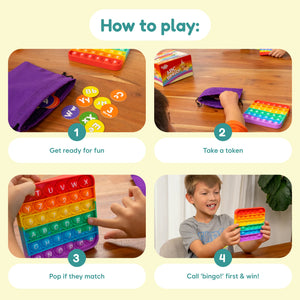 "ABC BINGO! early learning game for babies, featuring colorful letters and sensory elements, shown from angle 3."
