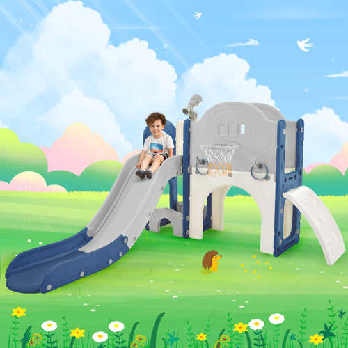 7-in-1 Kids Slide Playset, freestanding spaceship structure in blue and grey, featuring slide and arch tunnel.