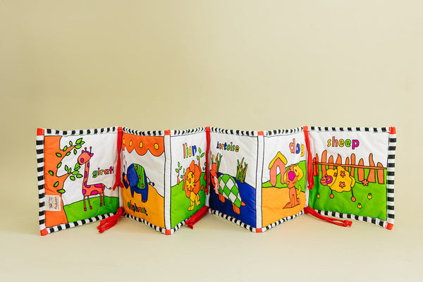 Soft Cloth Book of Animals and Cars in High Contrast Black White Red