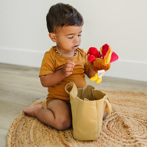 My First Thanksgiving Toy set: plush turkey, teddy bear, and pumpkin pie for baby's festive celebration.