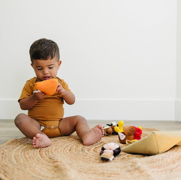My First Thanksgiving Toy set with plush turkey, teddy bear, and pumpkin pie for babies.