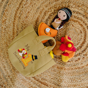 My First Thanksgiving Toy set with plush turkey, teddy bear, and pumpkin pie, perfect for baby's first holiday celebration.