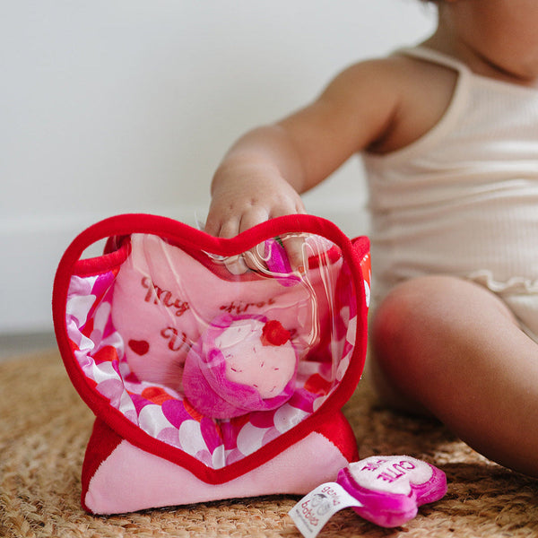 Valentine's Day Plush Fill & Spill Playset & Keepsake Gift  with 4 ct Mini Sensory Toys (Cat, Heart, Flower, Cupcake)