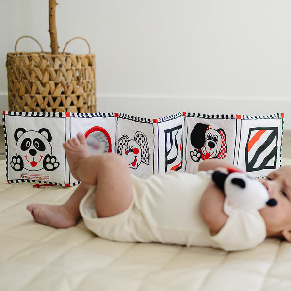 Soft Cloth Book of Animals and Cars in High Contrast Black White Red