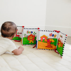 Soft Cloth Book of Animals and Cars in High Contrast Black White Red