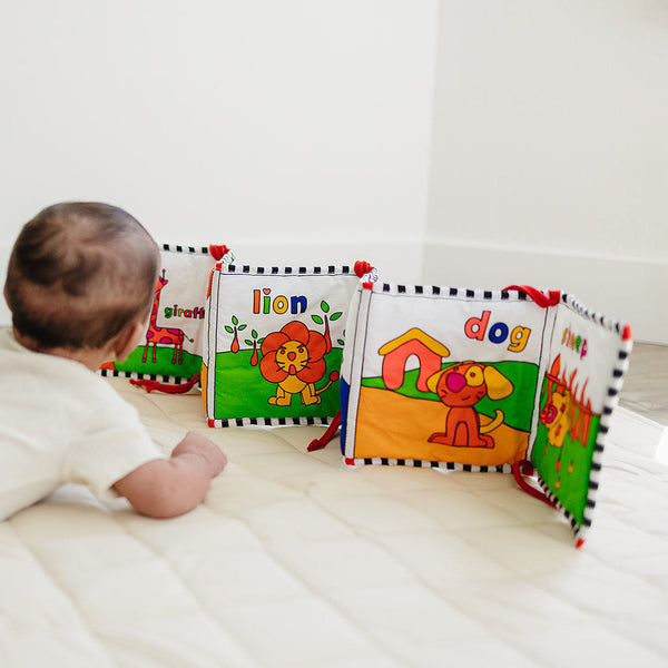 Soft Cloth Book of Animals and Cars in High Contrast Black White Red