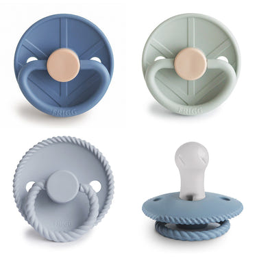 FRIGG Silicone Pacifier 4-Pack in assorted colors, perfect for soothing babies comfortably and safely.