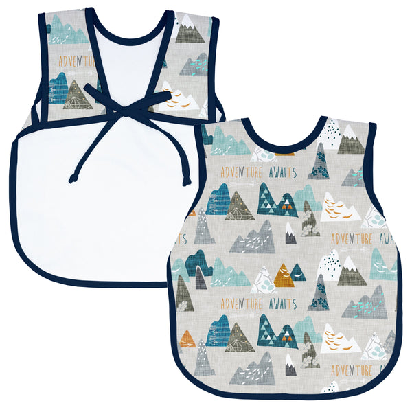 "Adventure Awaits Bapron for babies, featuring a fun design and practical, mess-free eating solution."
