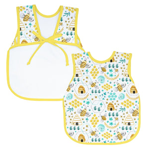 "Busy Bees Bapron for babies, featuring a fun bee design, perfect for mealtime messes and playtime activities."
